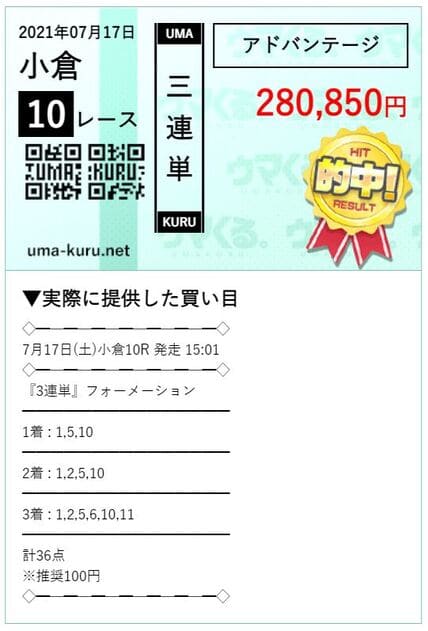 ウマくるの的中 2021年7月17日小倉10R