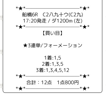 競馬サンシャイン　2024年11月1日船橋6R　有料予想