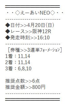 えーあいNEO　2025年4月20日阪神12R　有料予想