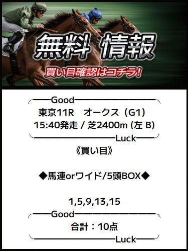 バツグン　2025年5月25日東京11R　無料予想