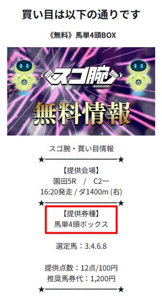 スゴ腕の無料予想は馬単の公開