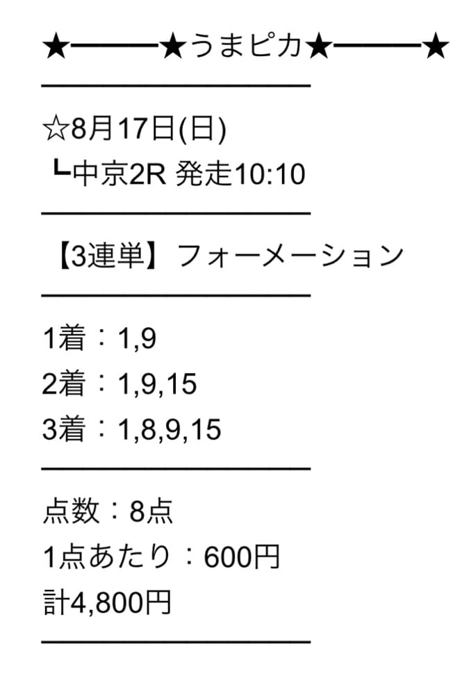 うまピカ　2025年8月17日中京2R　有料予想