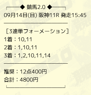 競馬2.0　2025年9月14日阪神11R　有料予想