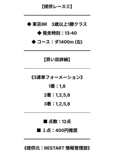 リスタートの有料予想の買い目 2025年10月19日東京8R 有料予想