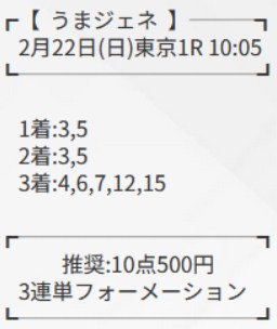 うまジェネの有料予想ニュージェネレーションの買い目02月22日東京1R
